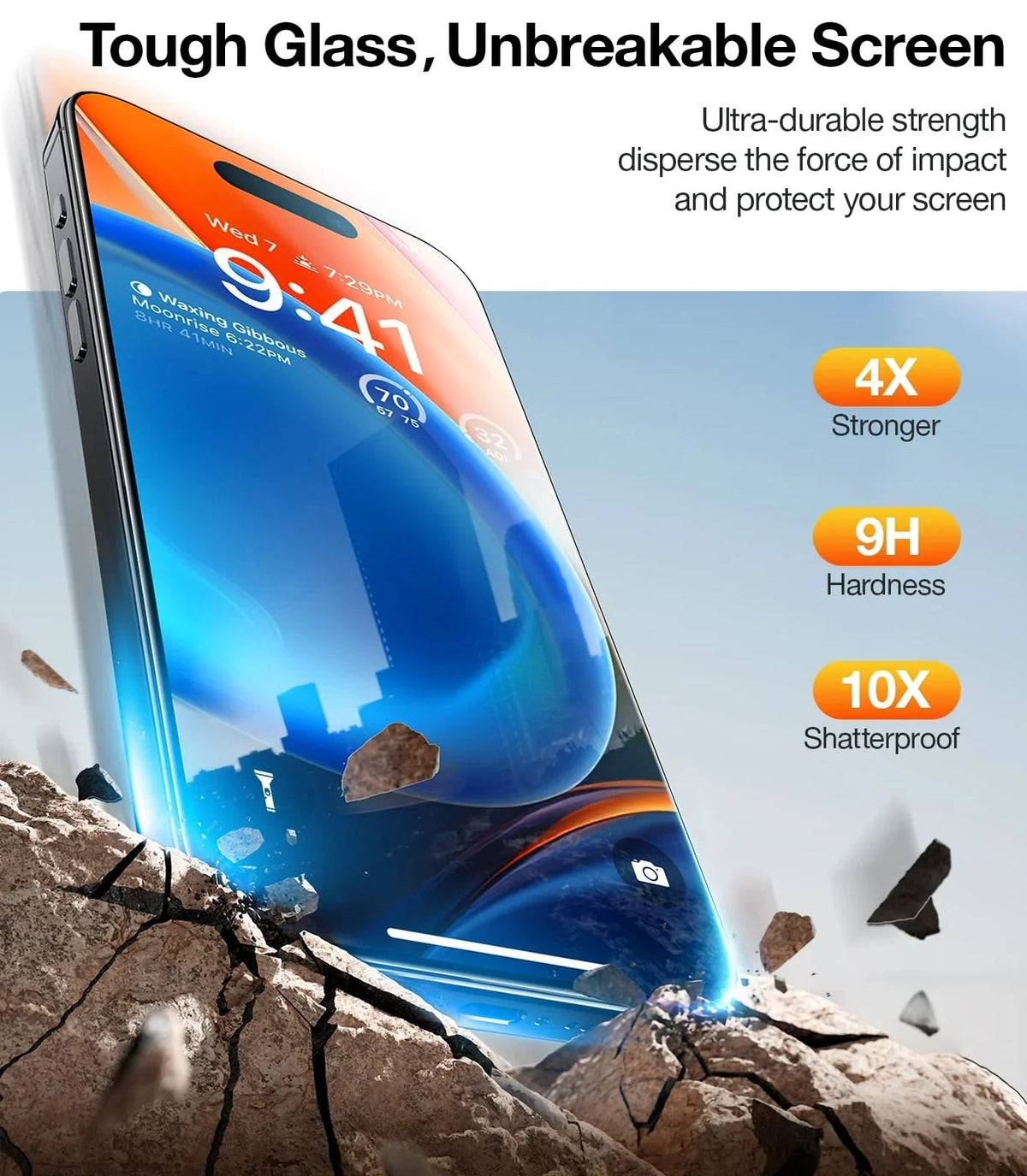 TORRAS GlassGo iPhone 13 screen protector: unbreakable tempered glass, 4X stronger, 9H hardness, 10X shatterproof.