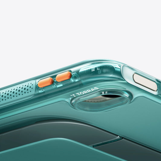 TORRAS Ostand K3 Neo clear teal case for iPad Air 11 inch with orange buttons and stand feature.