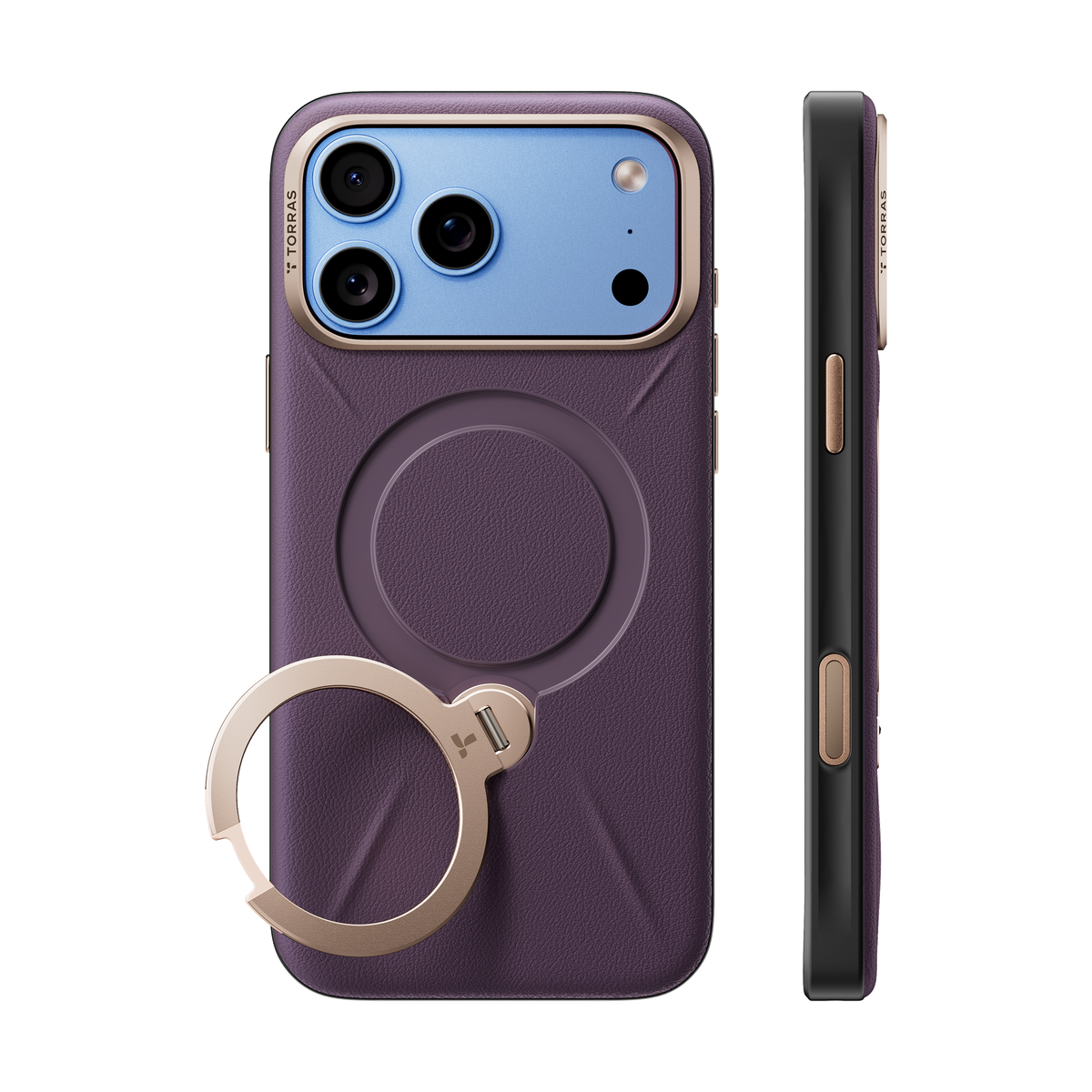 TORRAS Ostand Q3 VegSkin case for iPhone 18 Pro/Pro Max in plum with a champagne ring stand