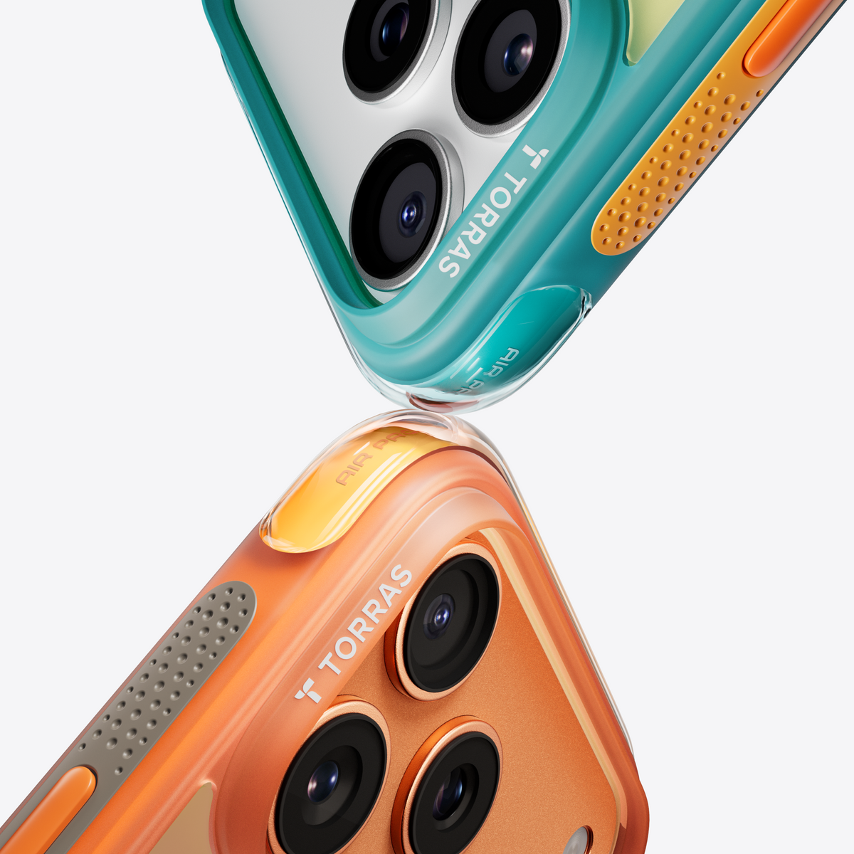 TORRAS Ostand Q3 Air Colorblock iPhone 17 Pro Max case in teal and orange with magnetic stand