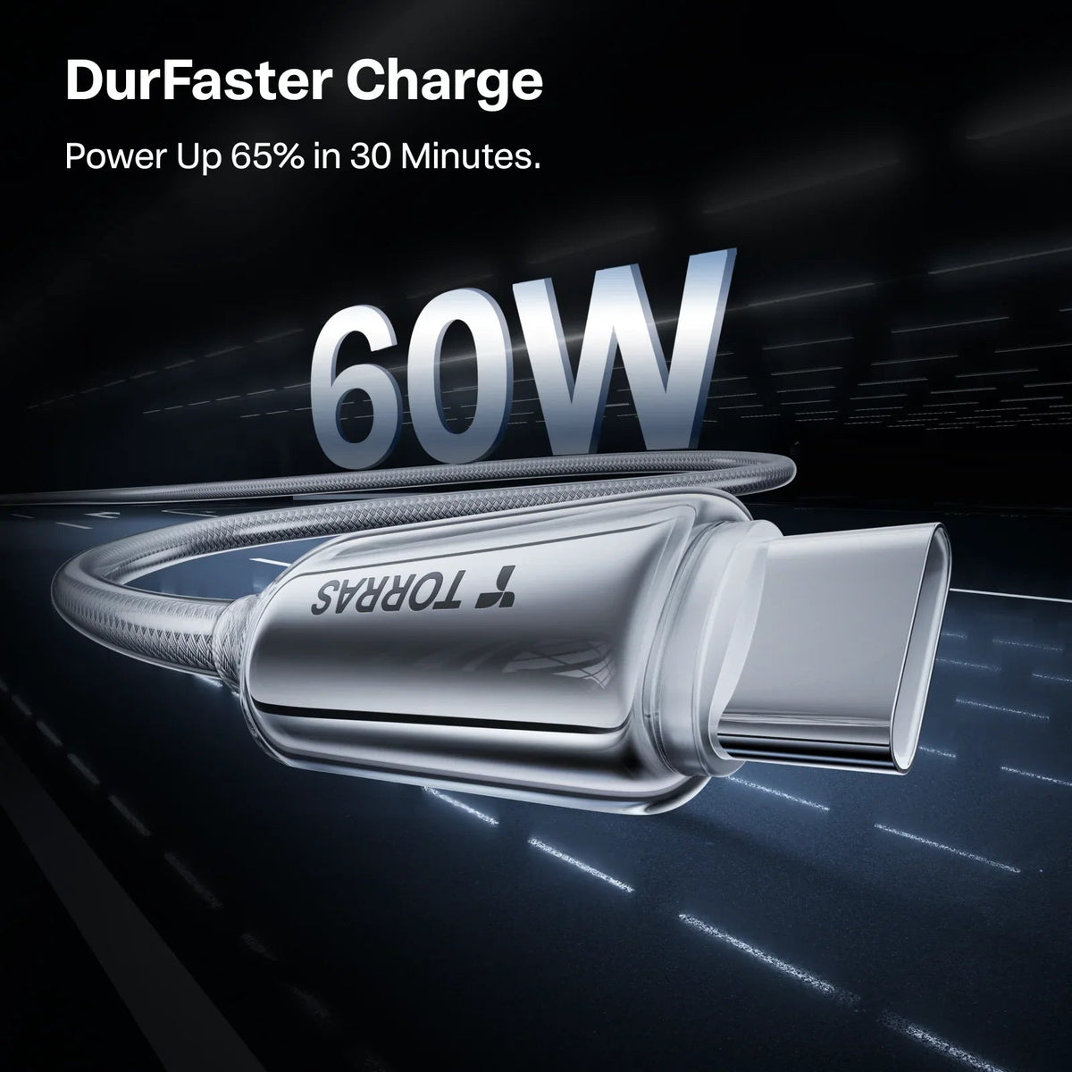 TORRAS Iceflow 60W braided USB-C cable, 65% charge in 30 min