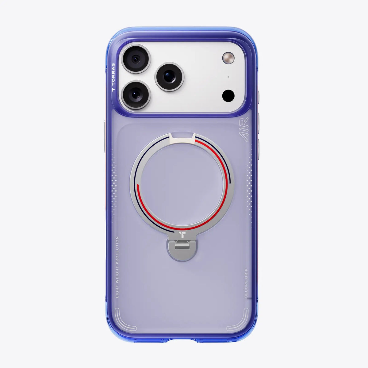 TORRAS Ostand Q3 Air case for iPhone 17 Pro Max with blue bumper, ring stand, light protection.