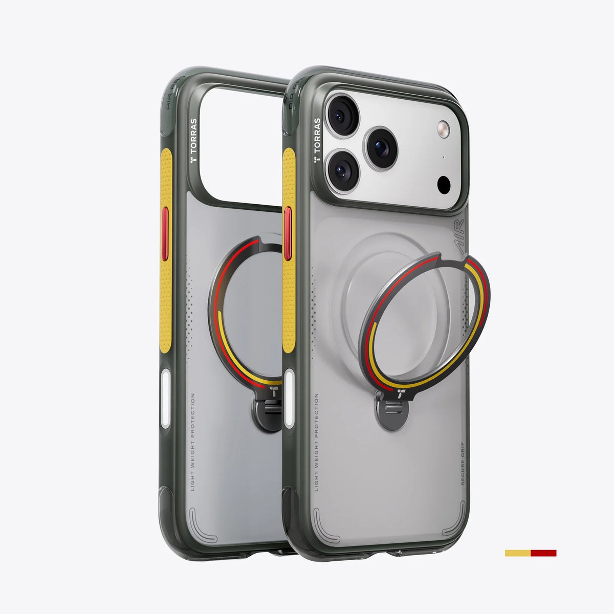 TORRAS Ostand Q3 Air iPhone 17 Pro case with magnetic ring stand, yellow & red accents.