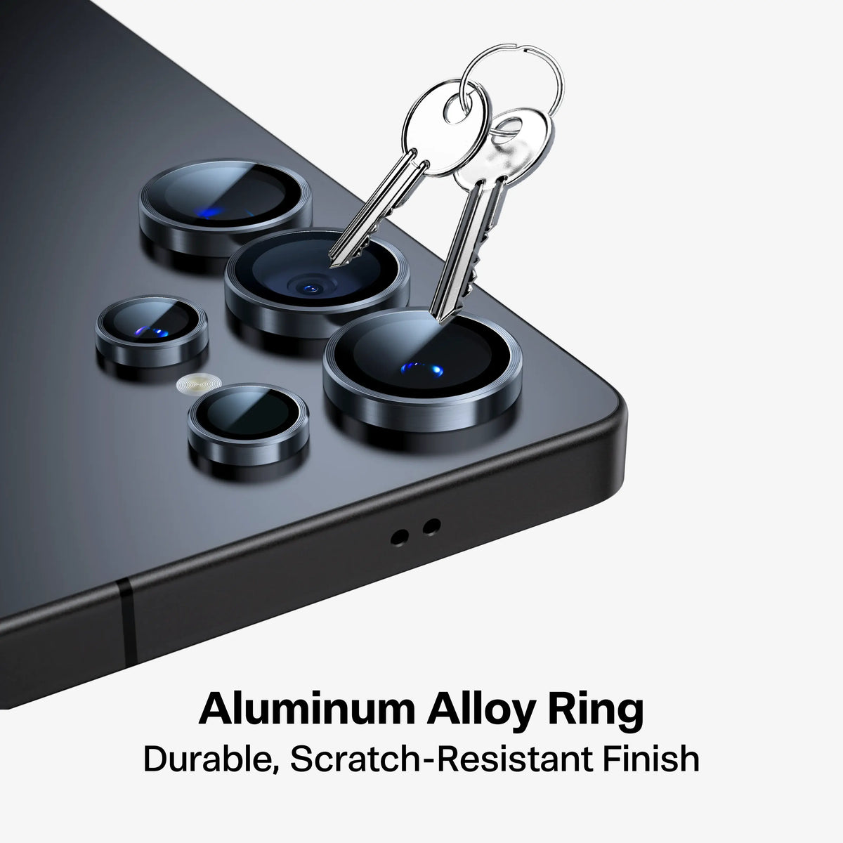 Samsung S26 Ultra Lensguard camera protector: aluminum alloy ring with keys demonstrating scratch-resistant finish.