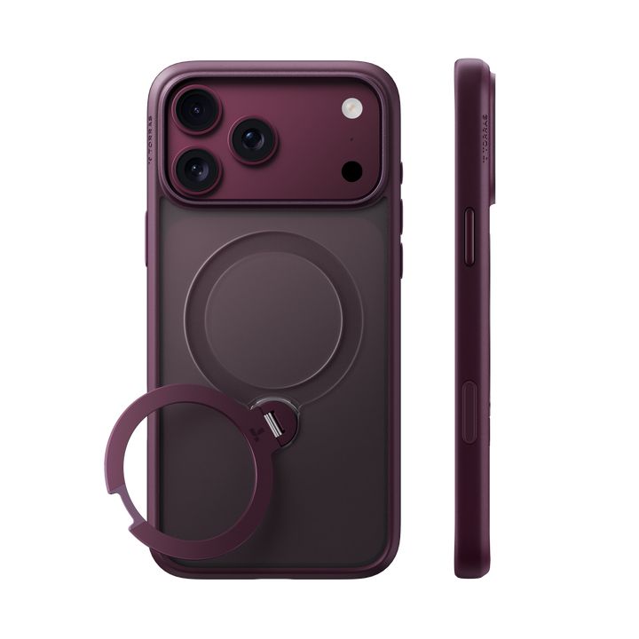 TORRAS Ostand Q3 Spin case for iPhone 18 Pro/Pro Max clipped to a backpack strap for portable carry