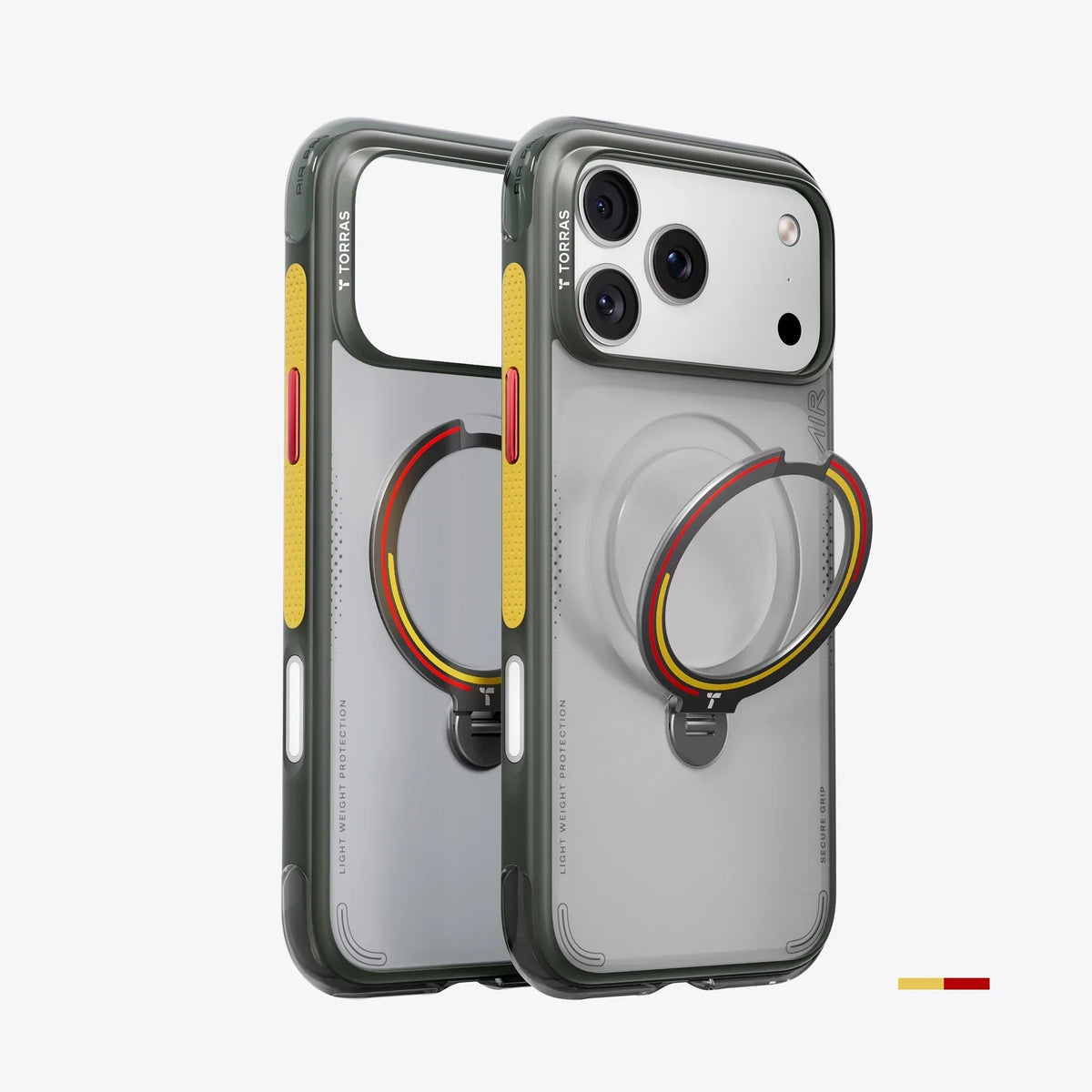 TORRAS Ostand Q3 Air iPhone 17 Pro Max case with magnetic ring stand, yellow & red accents.