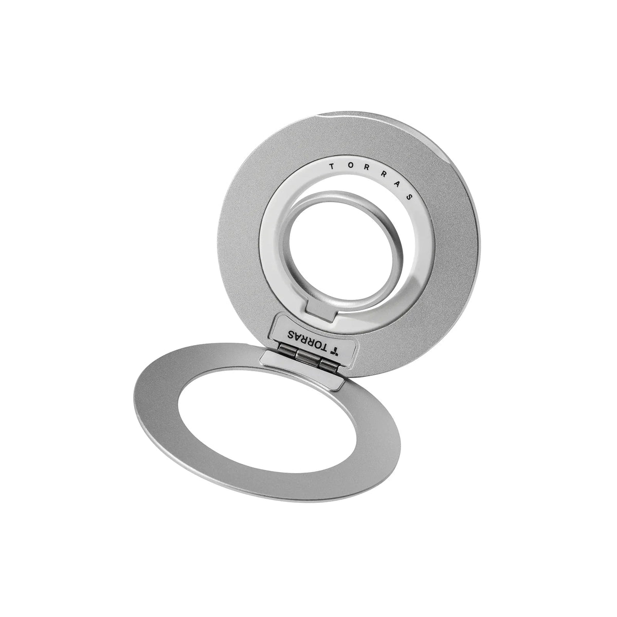 Silver TORRAS Ostand Dual-Ring phone stand accessory with dual ring mechanism and engraved brand logo.
