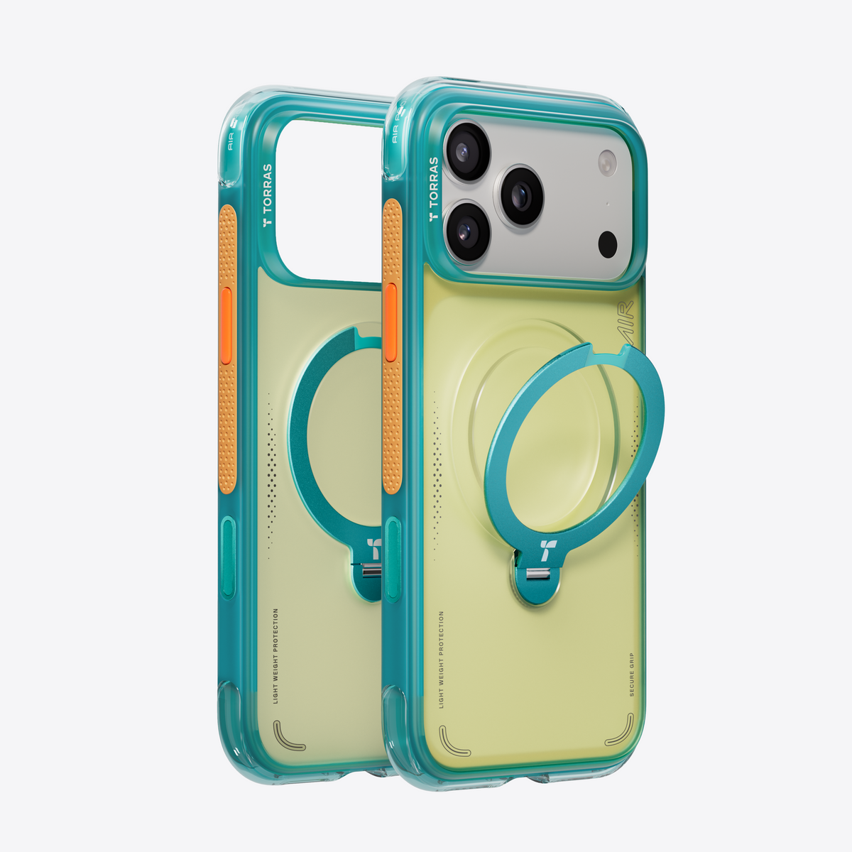 TORRAS Ostand Q3 Air iPhone 17 Pro case in teal and lime green with magnetic stand