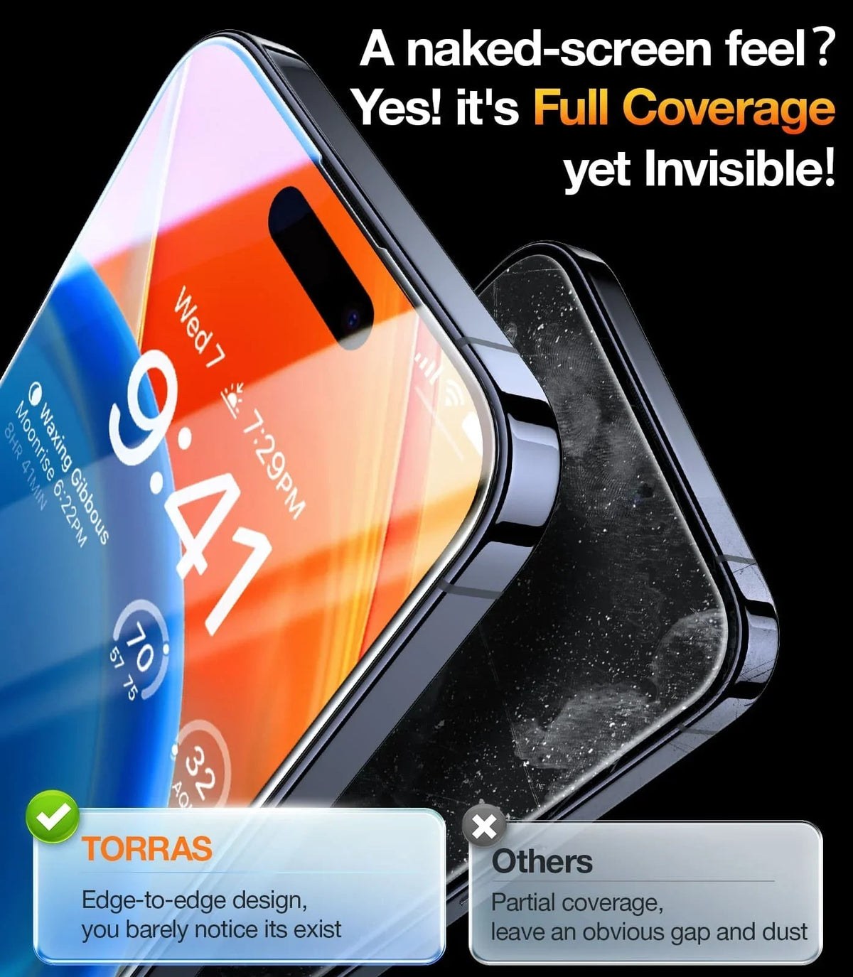 TORRAS GlassGo tempered glass screen protector for iPhone 13, edge-to-edge, invisible clarity.