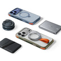 TORRAS Ostand Q3 Air Pro case for iPhone 18 Pro Max lifestyle flat-lay with MagSafe charger, wallet, and ring stand accessories