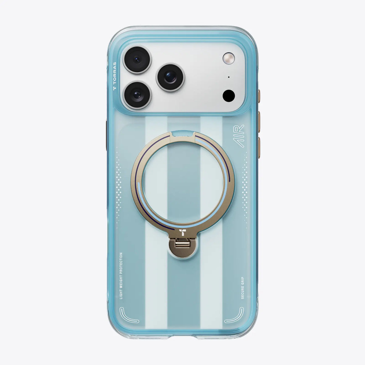 TORRAS Ostand Q3 Air protective case, iPhone 17 Pro Max, blue translucent, gold ring.