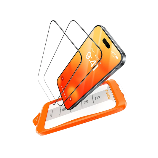TORRAS GlassGo iPhone 14 screen protector installation with orange jig. Tempered glass.