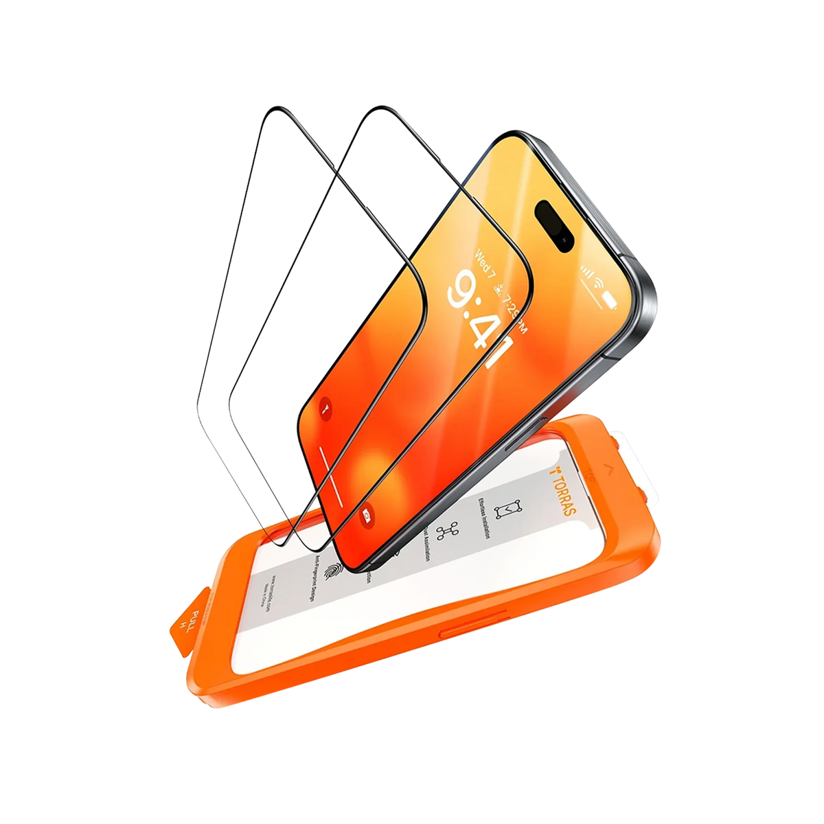 TORRAS GlassGo iPhone 13 screen protector, tempered glass with orange install frame.