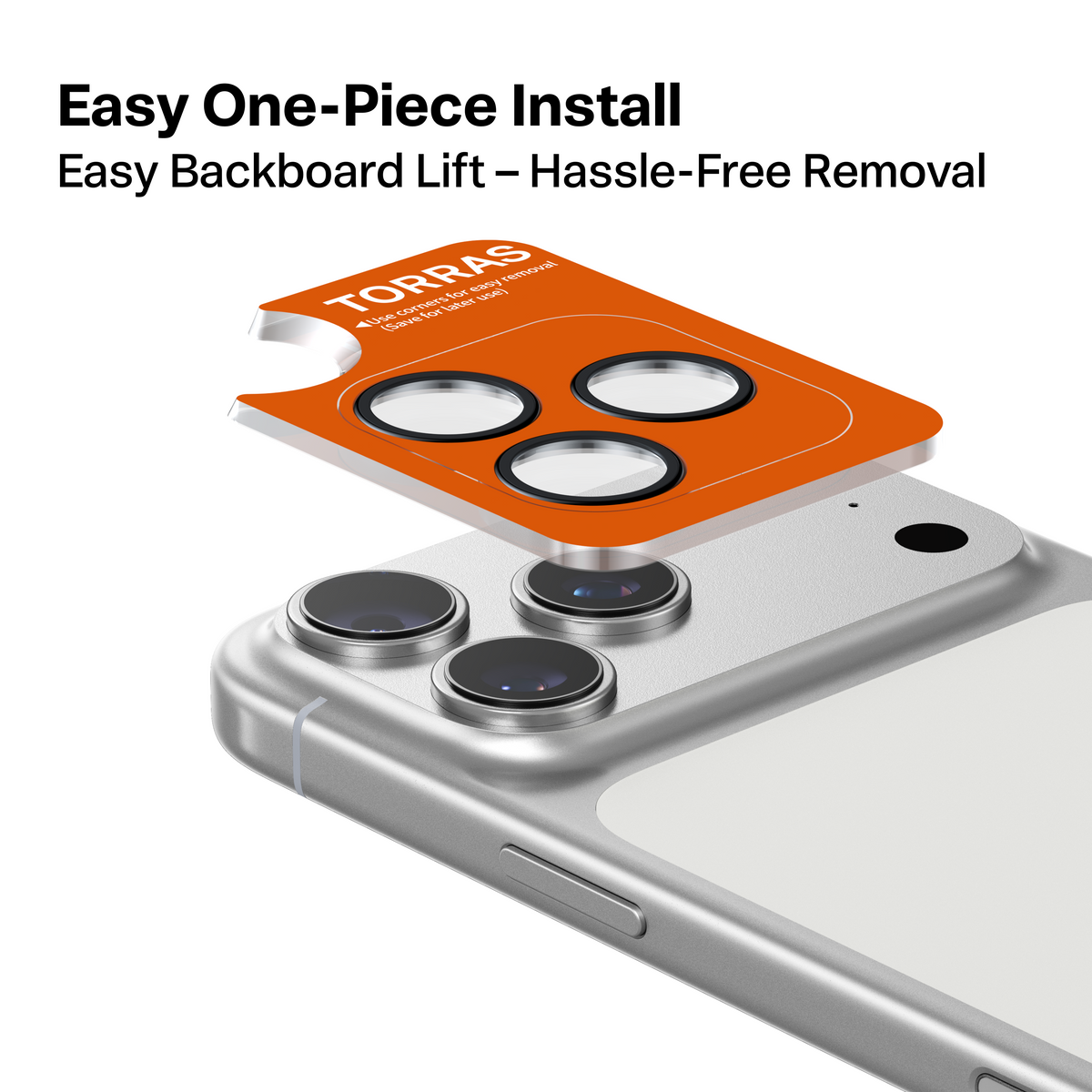 TORRAS orange template for iPhone 17 camera lens protector, easy install & removal.