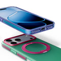 TORRAS Ostand O3 Hue case for iPhone 18 Pro/Pro Max in plum stacked over green and pink, two-color top-down view