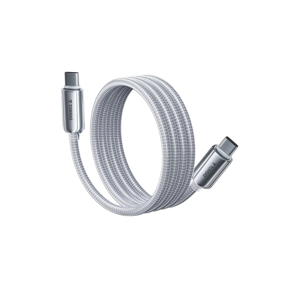 TORRAS Iceflow Fast Low-Temp USB-C charging cable, silver braided.