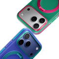 TORRAS Ostand O3 Hue case for iPhone 18 Pro/Pro Max camera close-up of blue and green cases