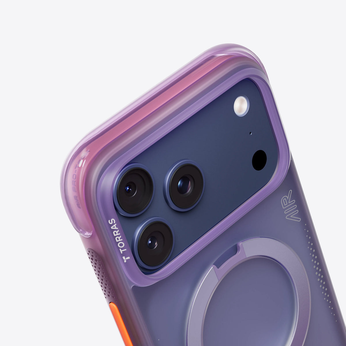 TORRAS Ostand Q3 Air iPhone 17 Pro Max colorblock case with magnetic stand, purple/pink gradient.
