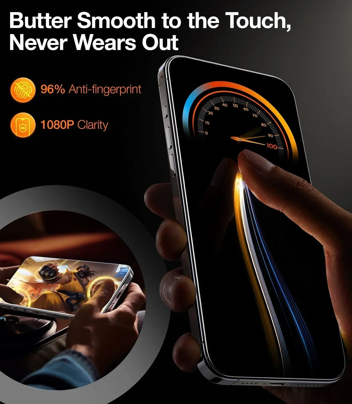 TORRAS GlassGo iPhone 14 screen protector: tempered glass, 9H, 96% anti-fingerprint, 1080P clarity.