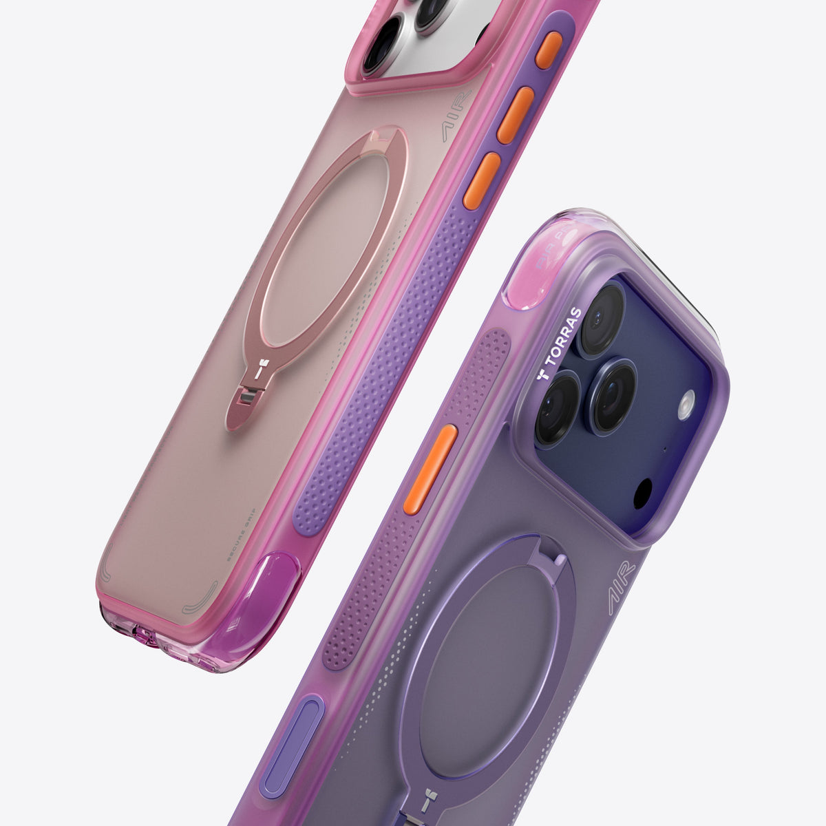 TORRAS Ostand Q3 Air iPhone 17 Pro Max case with magnetic stand and colorblock design. Pink & purple.