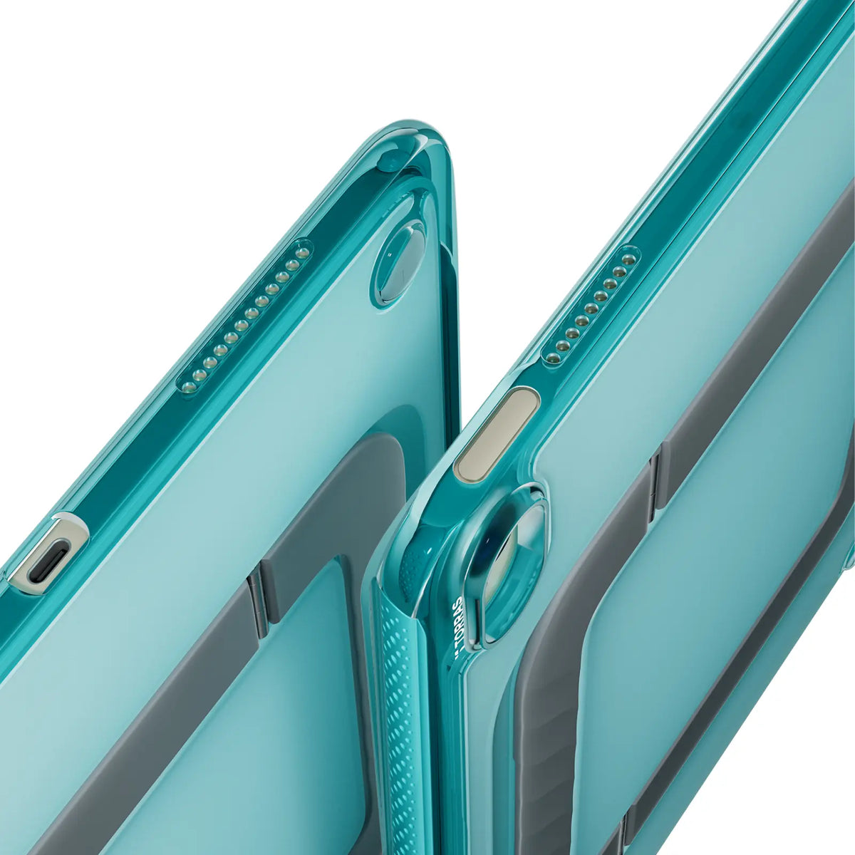 Translucent teal TORRAS Ostand K3 Neo case for iPad mini 6/7, with Apple Pencil holder.