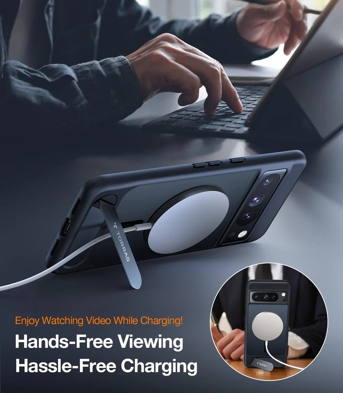 TORRAS Ostand L1 Pixel 8 Pro magnetic stand case: hands-free viewing & charging.