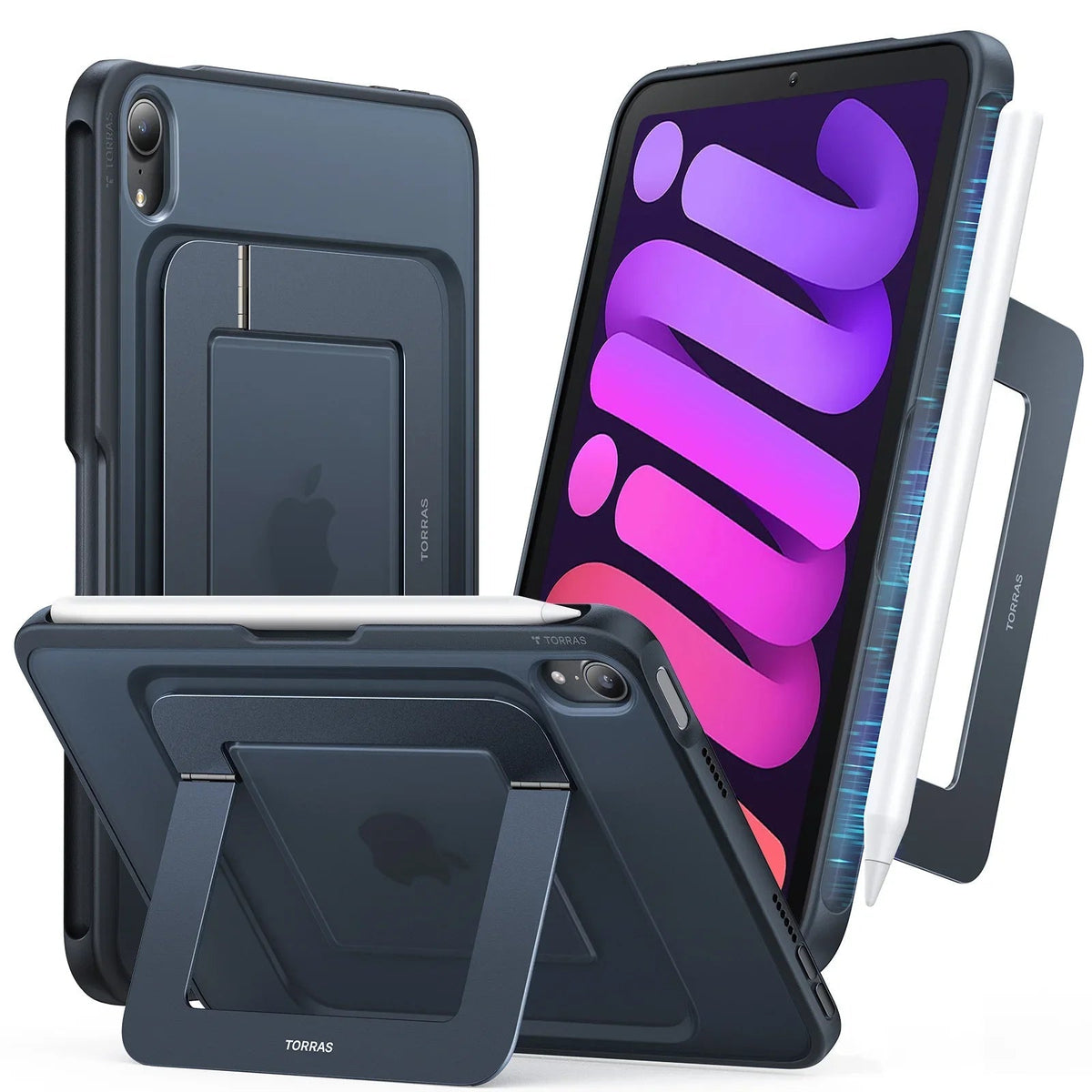 TORRAS Ostand case for iPad Mini 8.3 inch, dark blue, with pencil holder & kickstand.
