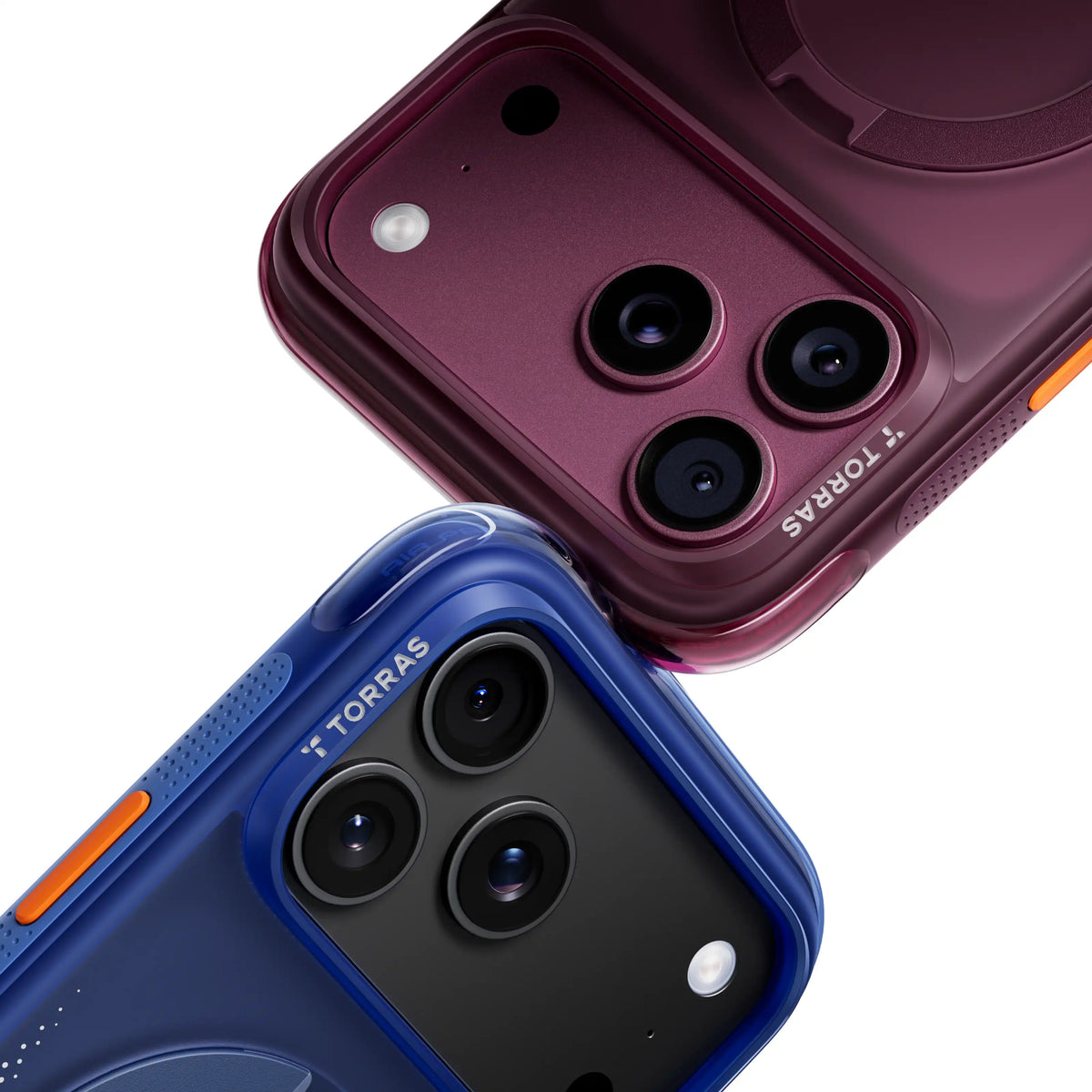 TORRAS Ostand Q3 Air case for iPhone 18 Pro/Pro Max camera close-up of blue and burgundy cases