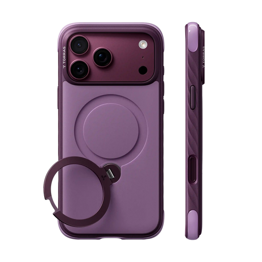 TORRAS Ostand Q3 Rugged case for iPhone 18 Pro/Pro Max next to a thinner case to compare corner thickness