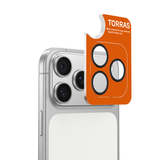 TORRAS Lensguard iPhone 17 Pro/Pro Max camera protector applicator with removal tips.