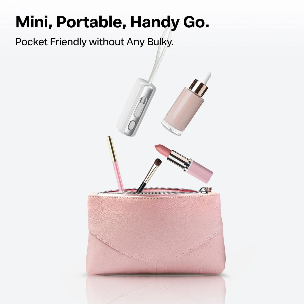 TORRAS PocketVolt Power Bank 5k mAh: mini, portable, shown with makeup and pink pouch.