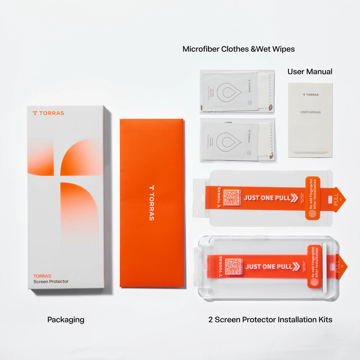 TORRAS GlassGo screen protector for Samsung S26: packaging, wipes, manual, tools.