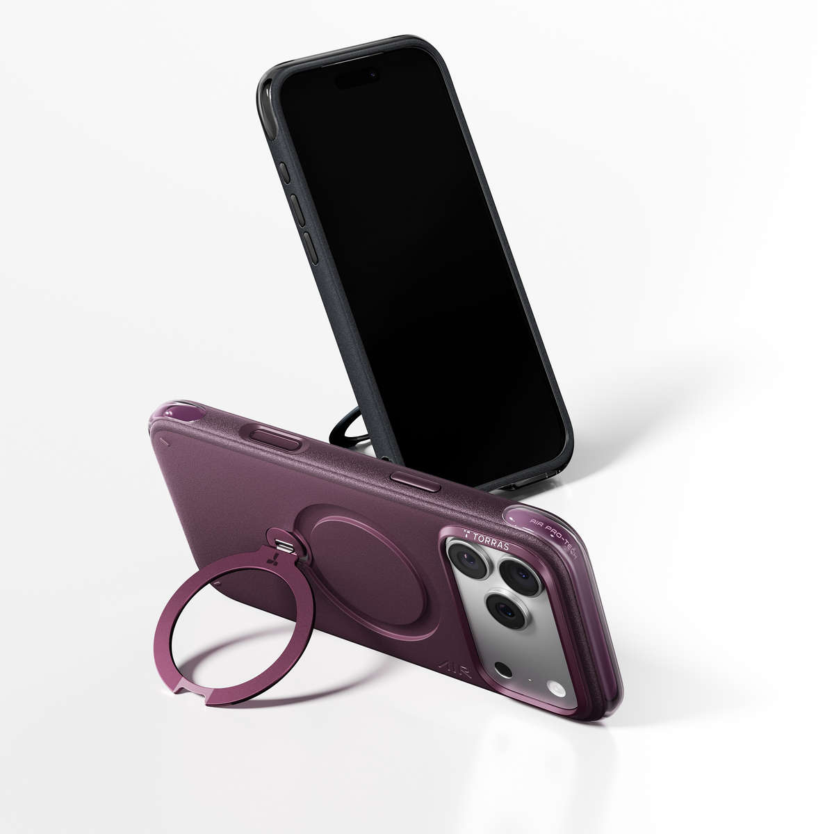 TORRAS Ostand Q3 Air Essential case for iPhone 18 Pro Max in plum using its ring stand to prop a upright