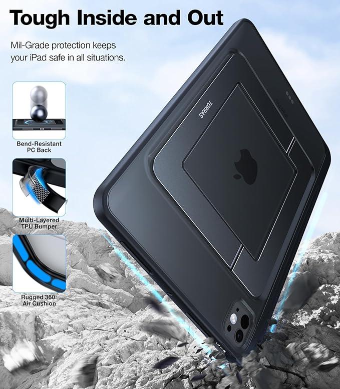 Black TORRAS Ostand case for iPad Air 13 inch, highlighting Mil-Grade protection and rugged build.