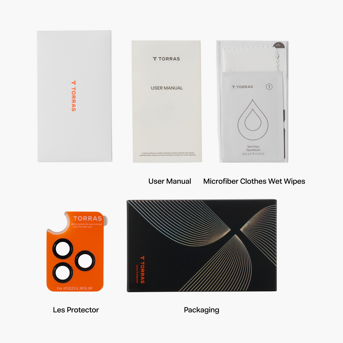 TORRAS Lensguard camera lens protector kit: manual, cleaning wipes, installation tool, packaging.