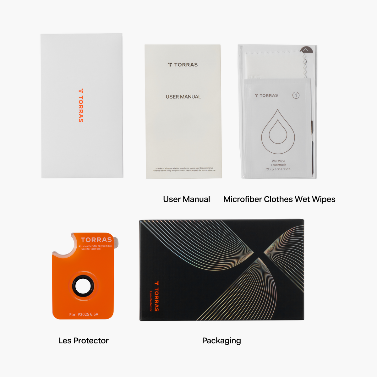 TORRAS Lensguard camera protector for iPhone 17 Air: installation tool, user manual, wet wipes, packaging.