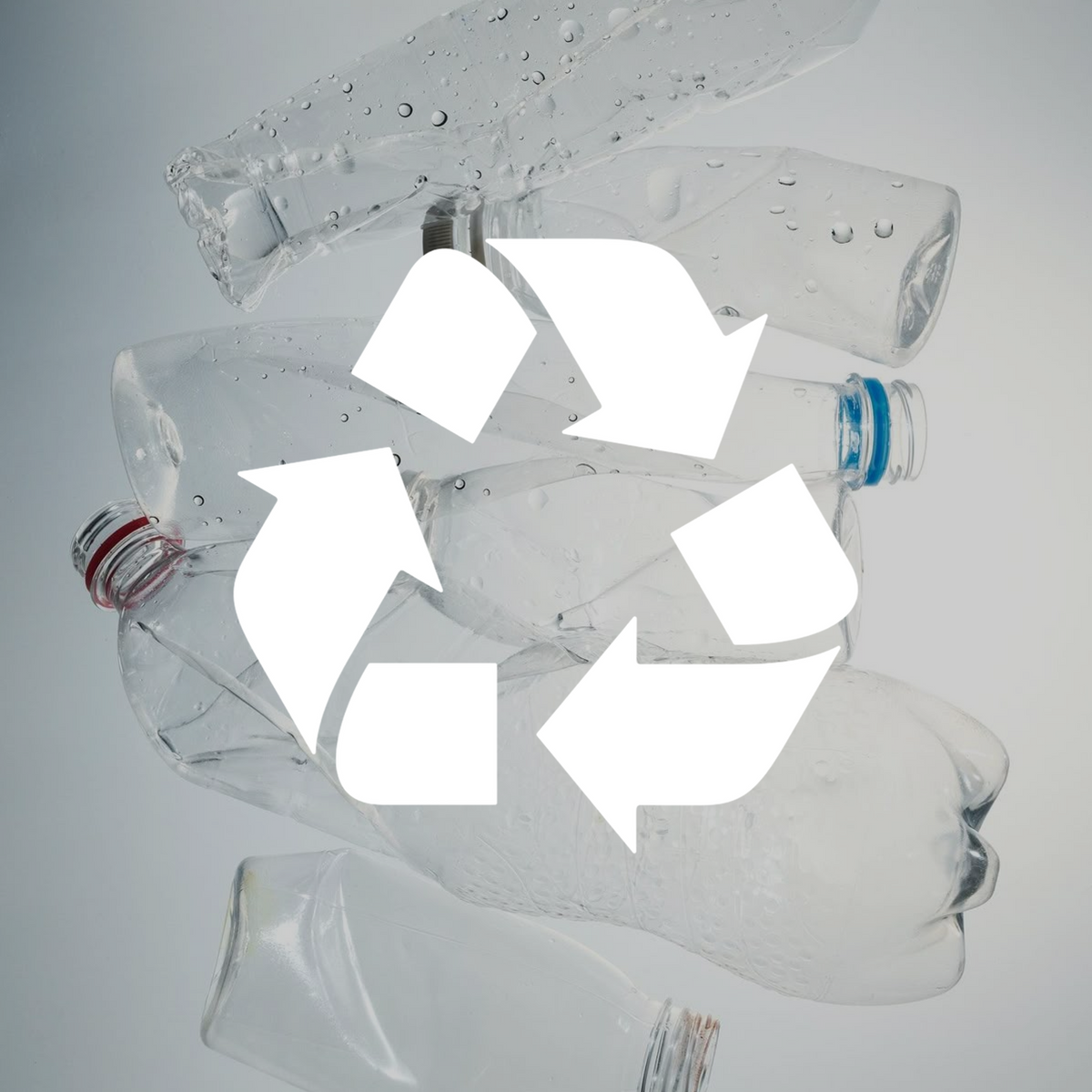 Recycling symbol over clear plastic bottles, representing clean, simple lifestyle & protected privacy.