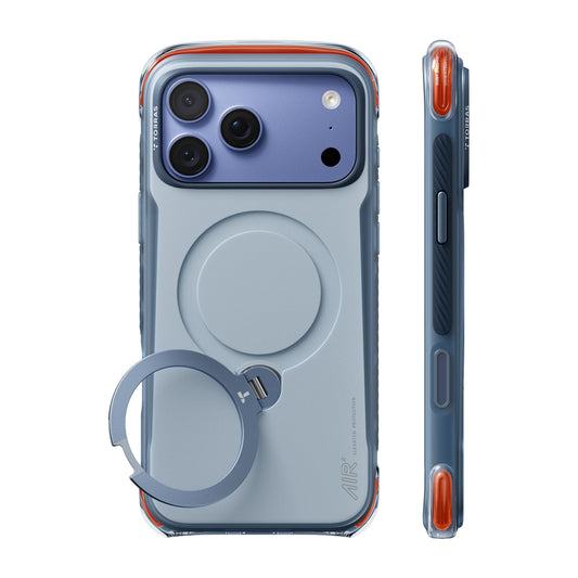 TORRAS Ostand Q3 Air Pro case for iPhone 18 Pro in navy with a ring stand, back and side view