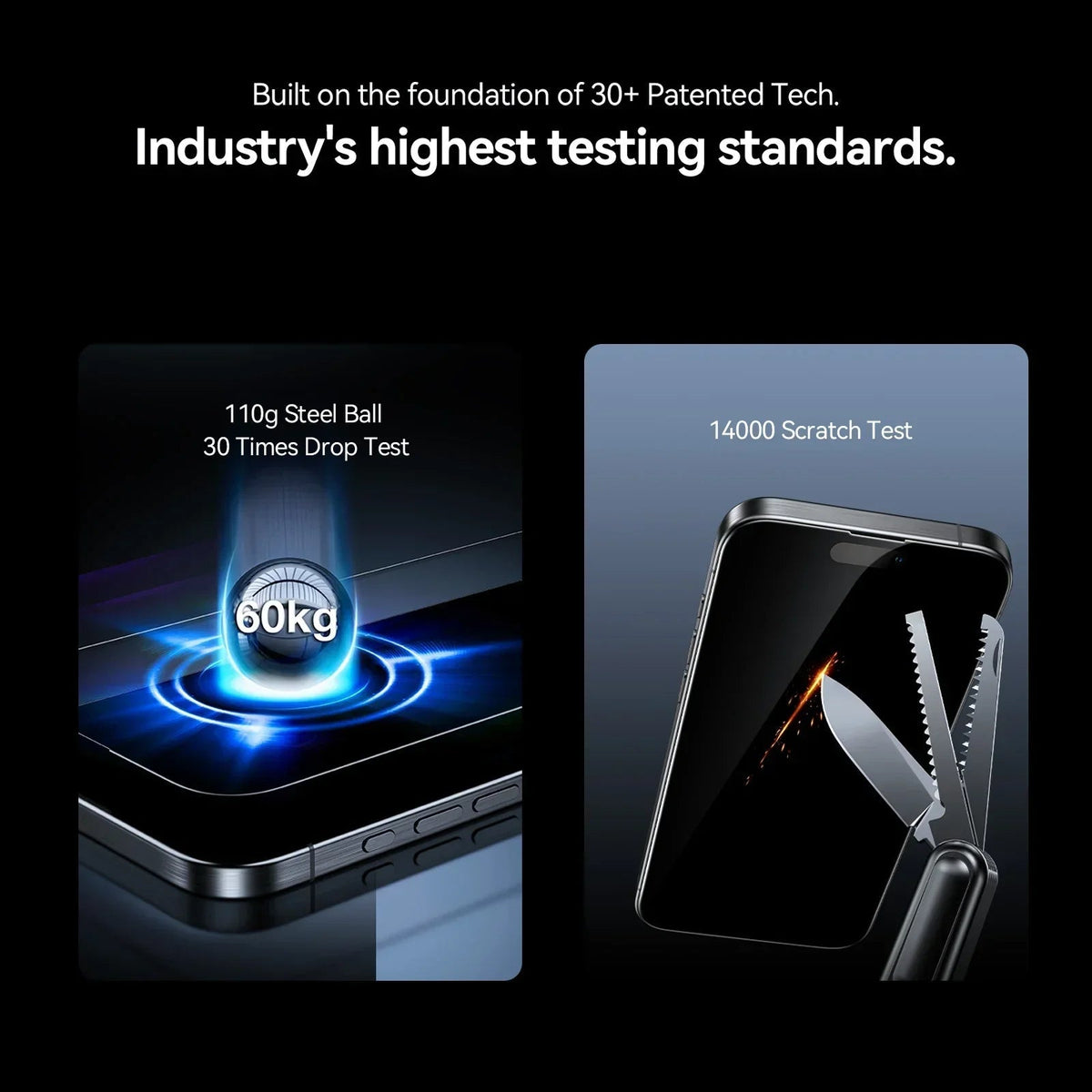 TORRAS GlassGo privacy screen protector for iPhone 16 Pro Max, showing drop & scratch resistance tests.