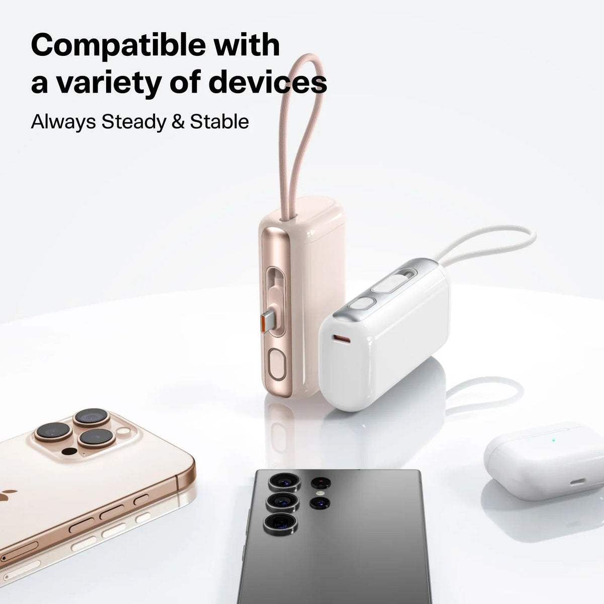 TORRAS PocketVolt 5k mAh power bank with built-in USB-C, compatible with iPhone, Samsung phones & wireless earbuds case.