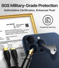 iPhone 16 Pro Max camera protected by key, showing TORRAS SGS Military-Grade Protection.