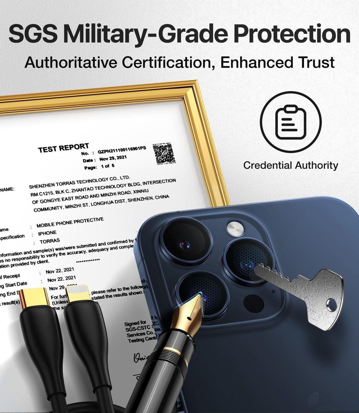 iPhone 16 Pro Max camera protected by key, showing TORRAS SGS Military-Grade Protection.