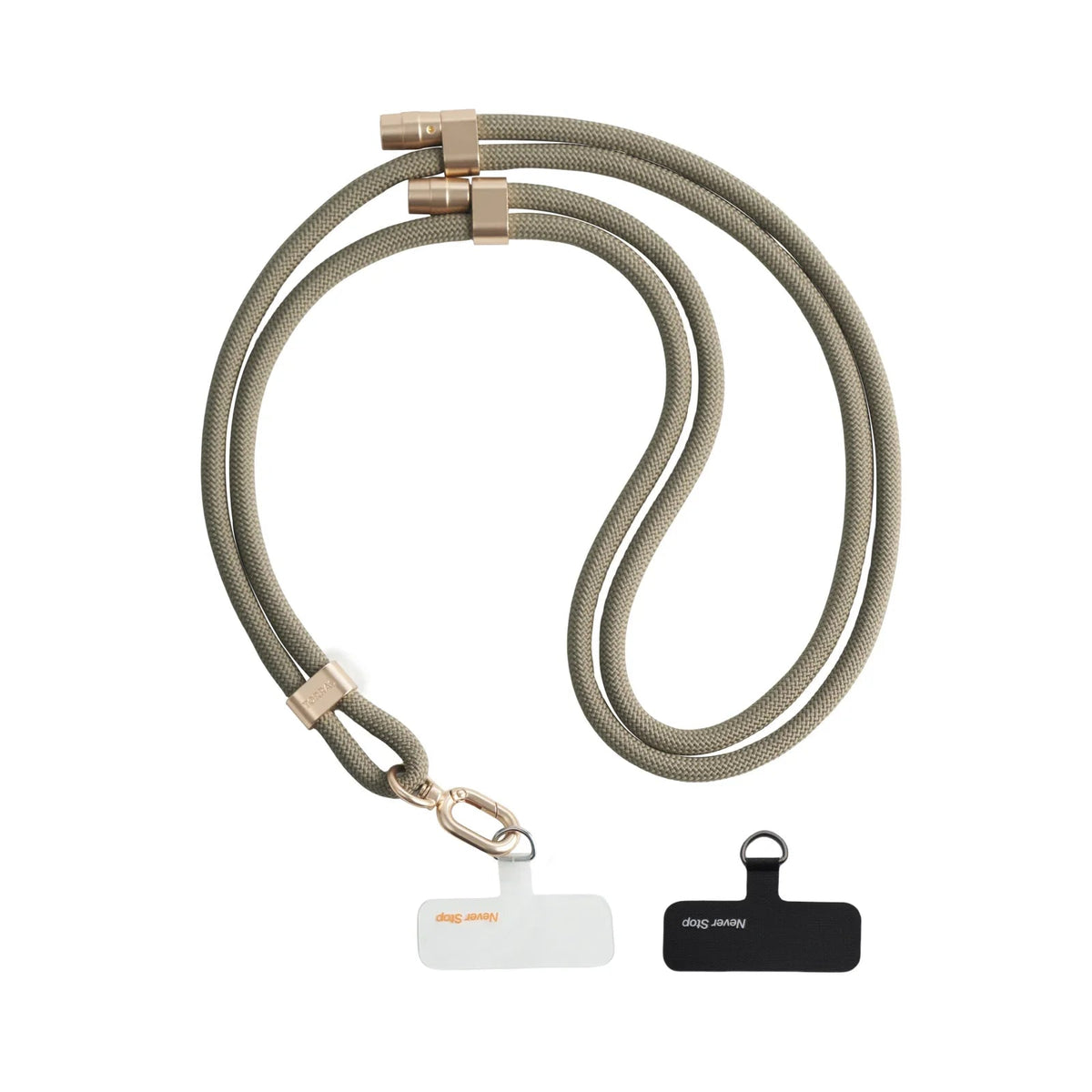 TORRAS LoopGo Flex khaki crossbody phone lanyard with gold hardware & 'Never Stop' attachment pads.