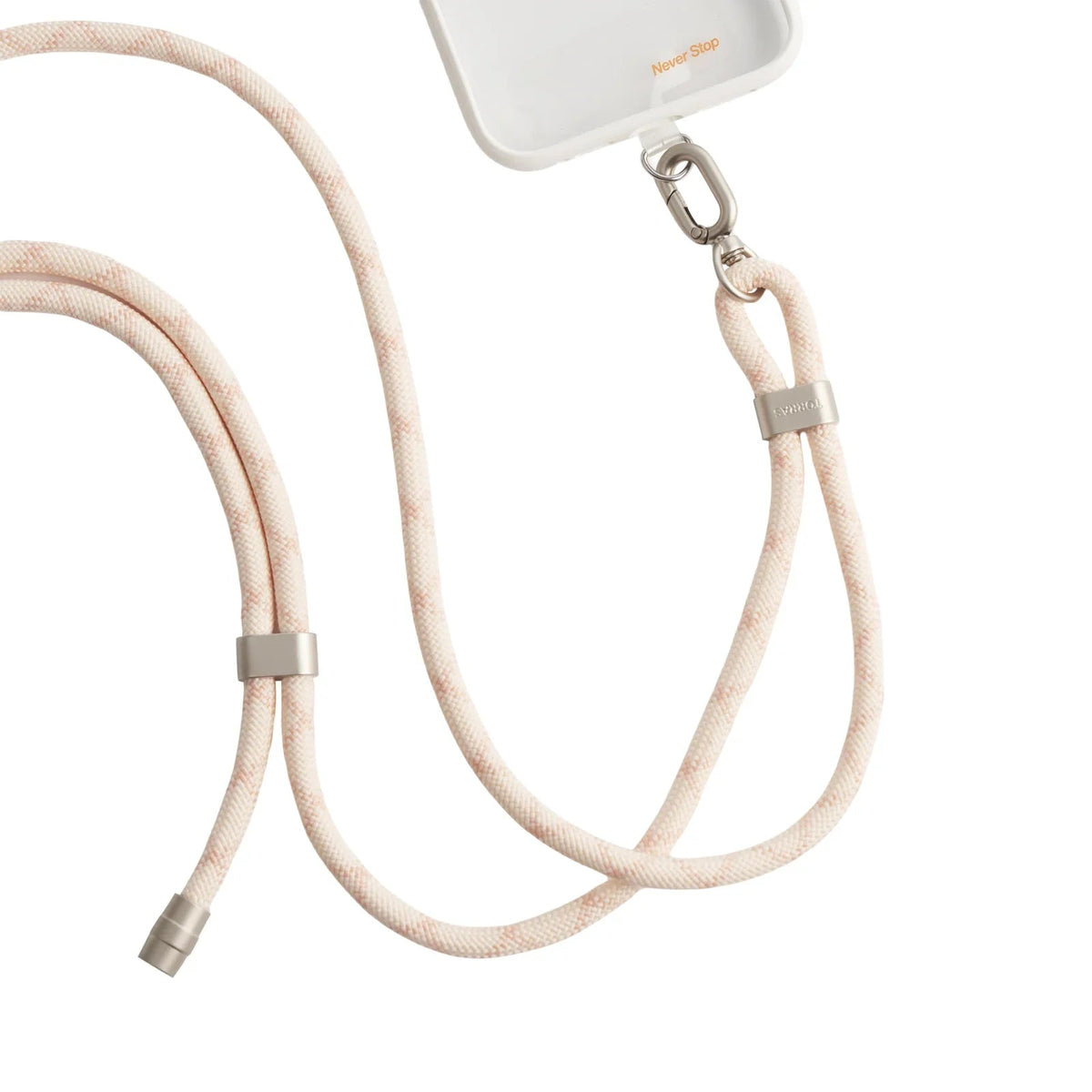 TORRAS LoopGo Flex crossbody phone lanyard, beige with pink flecks & silver hardware.