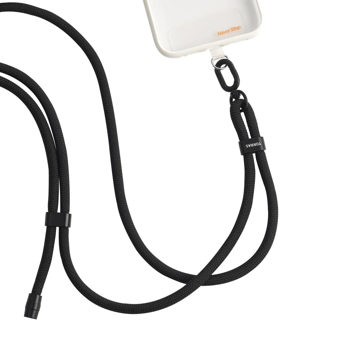TORRAS LoopGo Flex black crossbody phone lanyard, braided cord with zinc alloy clip & adjustable strap.