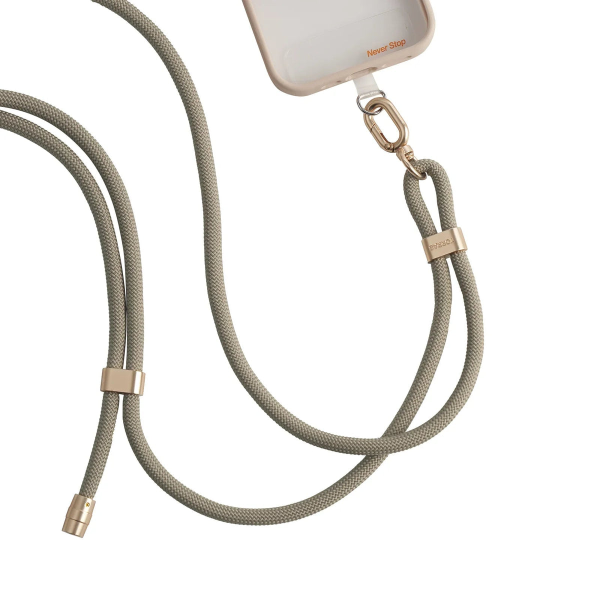 TORRAS LoopGo Flex grey braided crossbody phone lanyard with rose gold hardware.