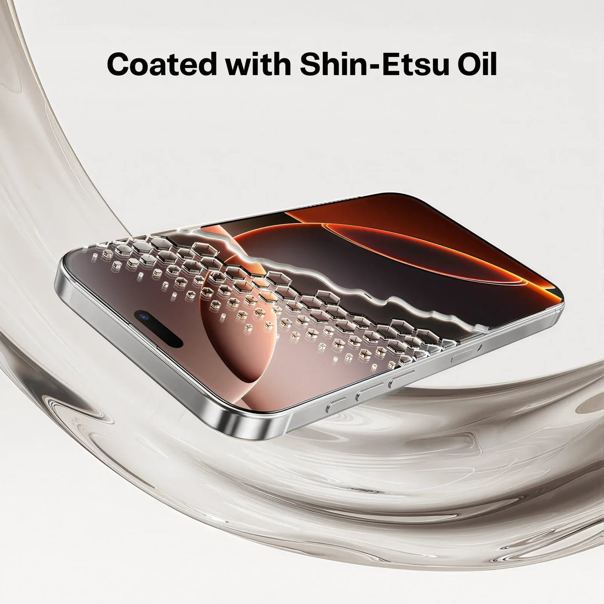GlassGo Screen Protector for iPhone 16 Pro coated with Shin-Etsu Oil, showing honeycomb texture.