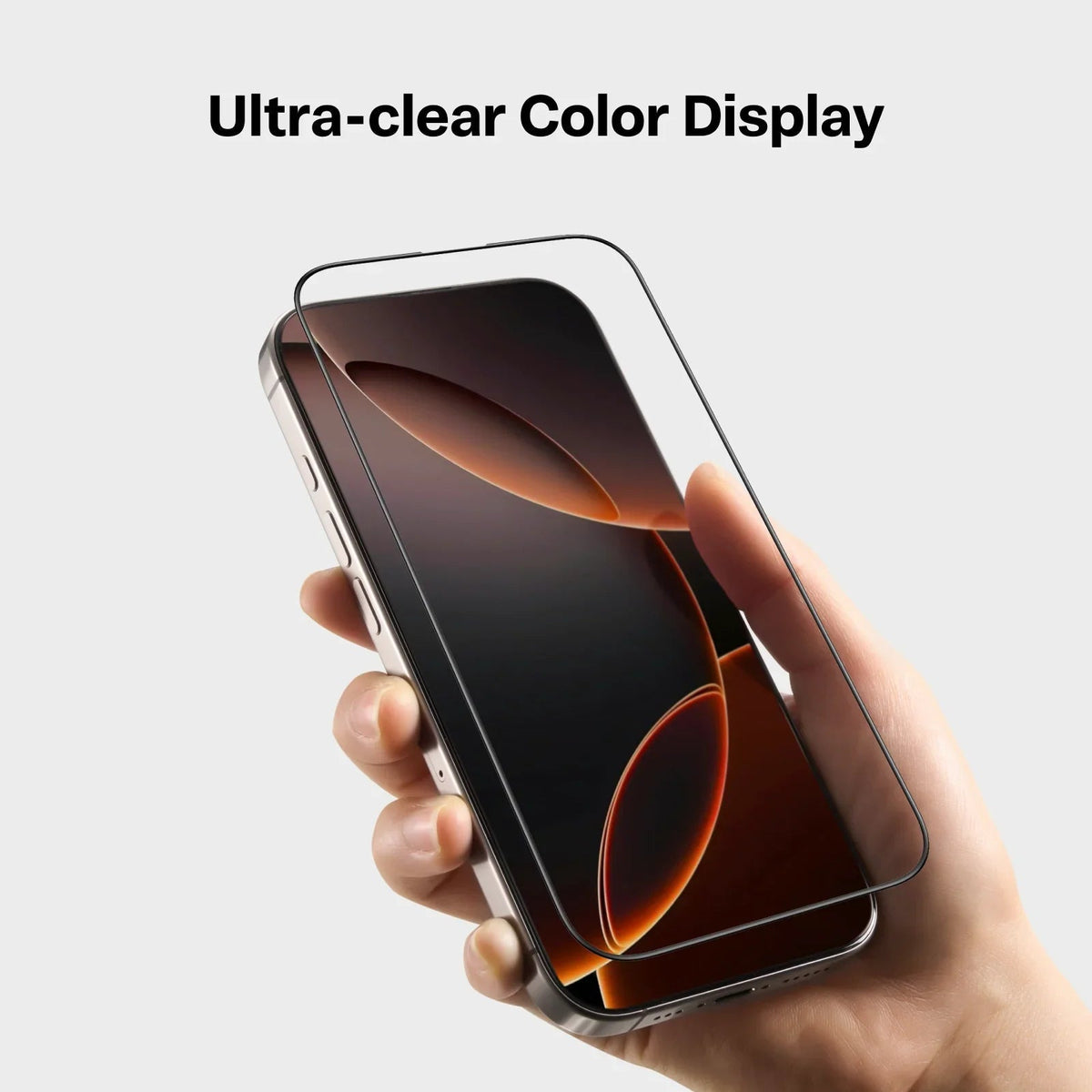 TORRAS GlassGo screen protector on iPhone 16 Pro Max, highlighting Ultra-clear Color Display.