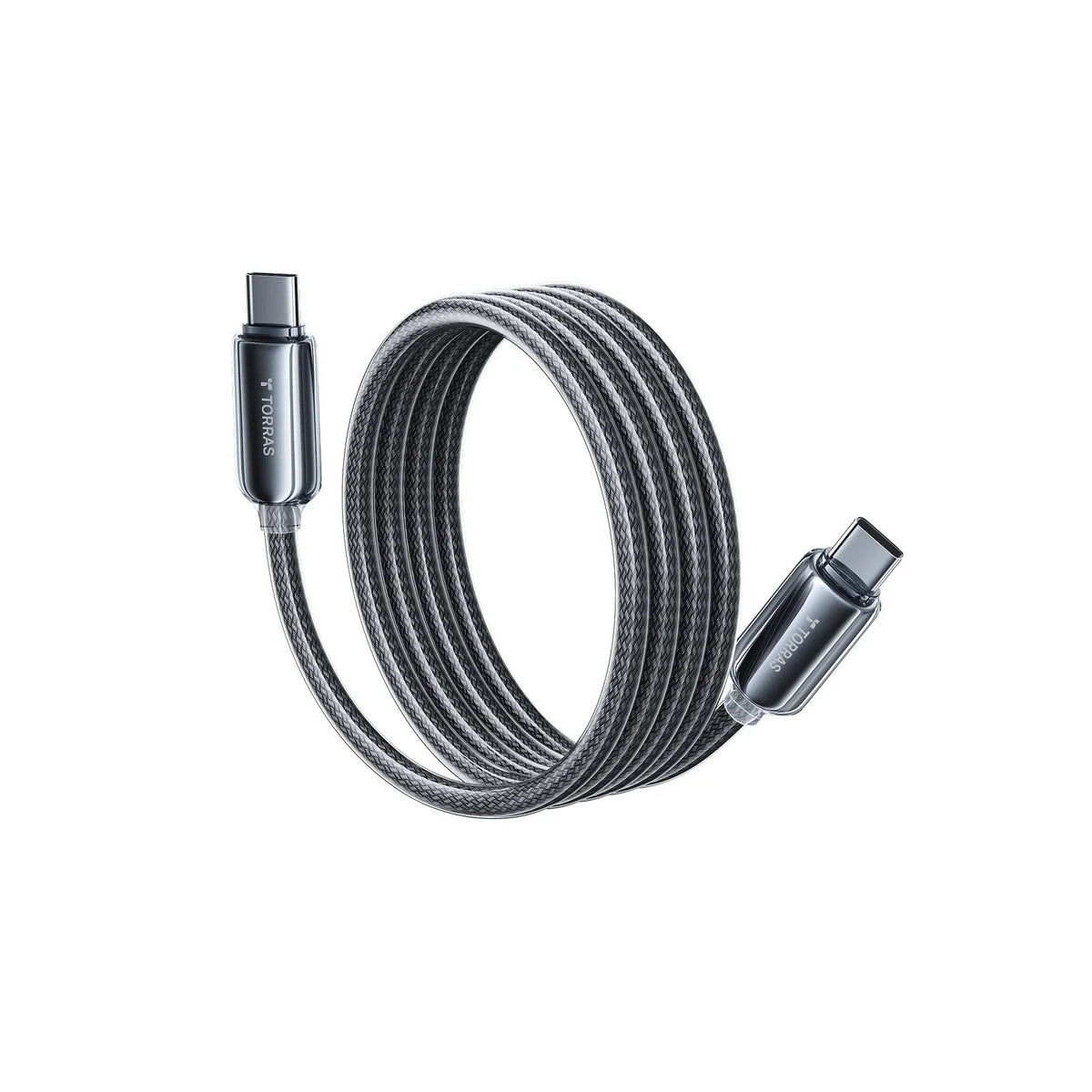 TORRAS Iceflow fast low-temp charging cable, grey braided USB-C cable with TORRAS logo.