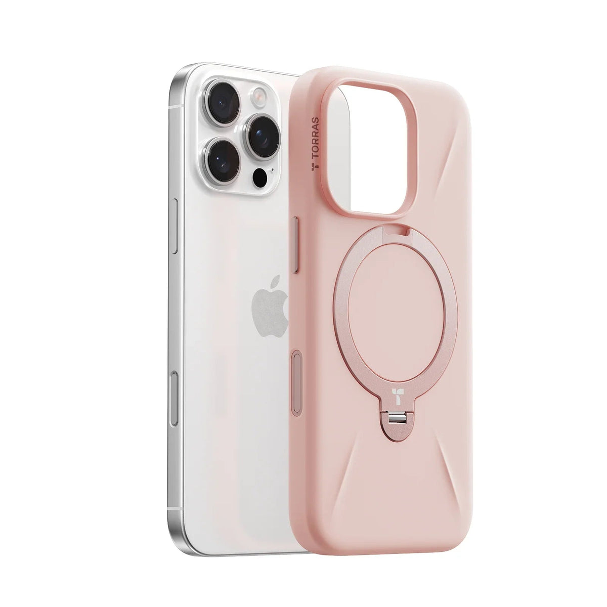 TORRAS Ostand Q3 pink silicone case for iPhone 16 Pro Max with magnetic ring stand